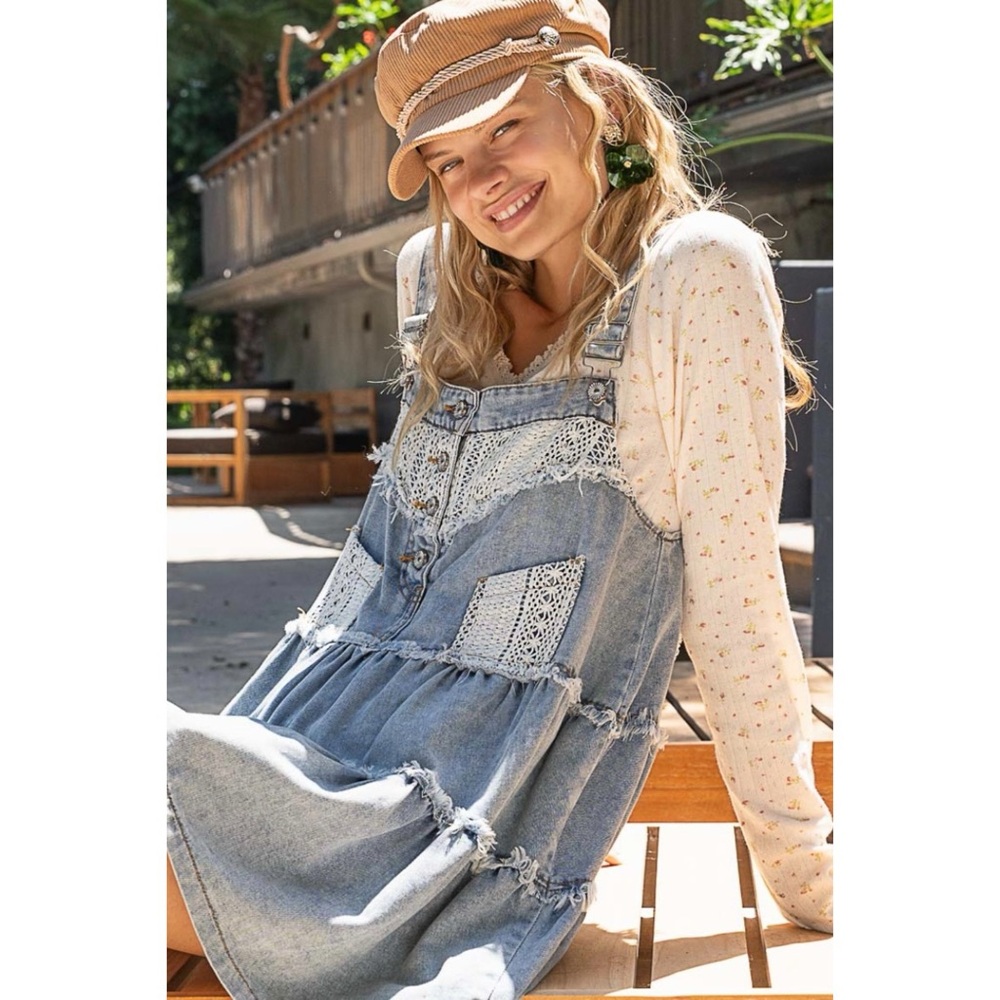 POL Denim + Crochet Patch Tiered Skirtall Mini Dress - Picture 6 of 16